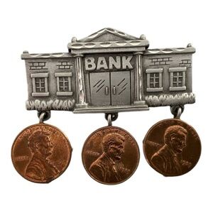 US Bank With Real Pennies Brooch Signed JJ
